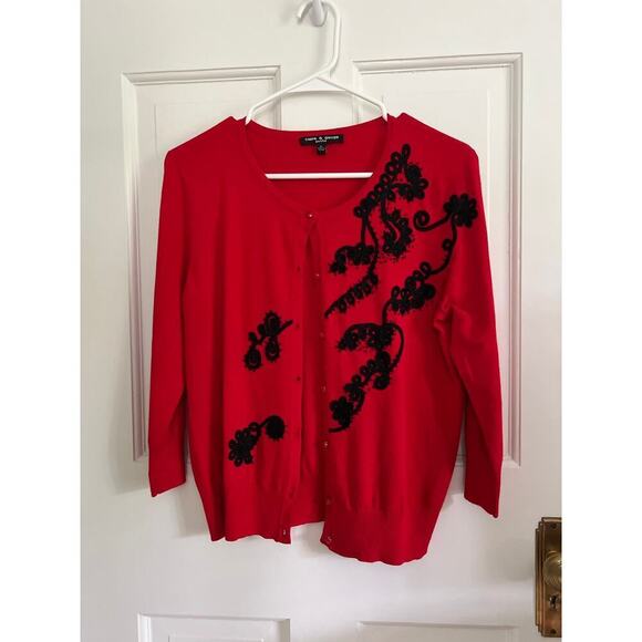 Cable and Gauge Women's P L Red Black Embroidered 3/4 Sleeve Cardigan Whimsygoth - Picture 1 of 11